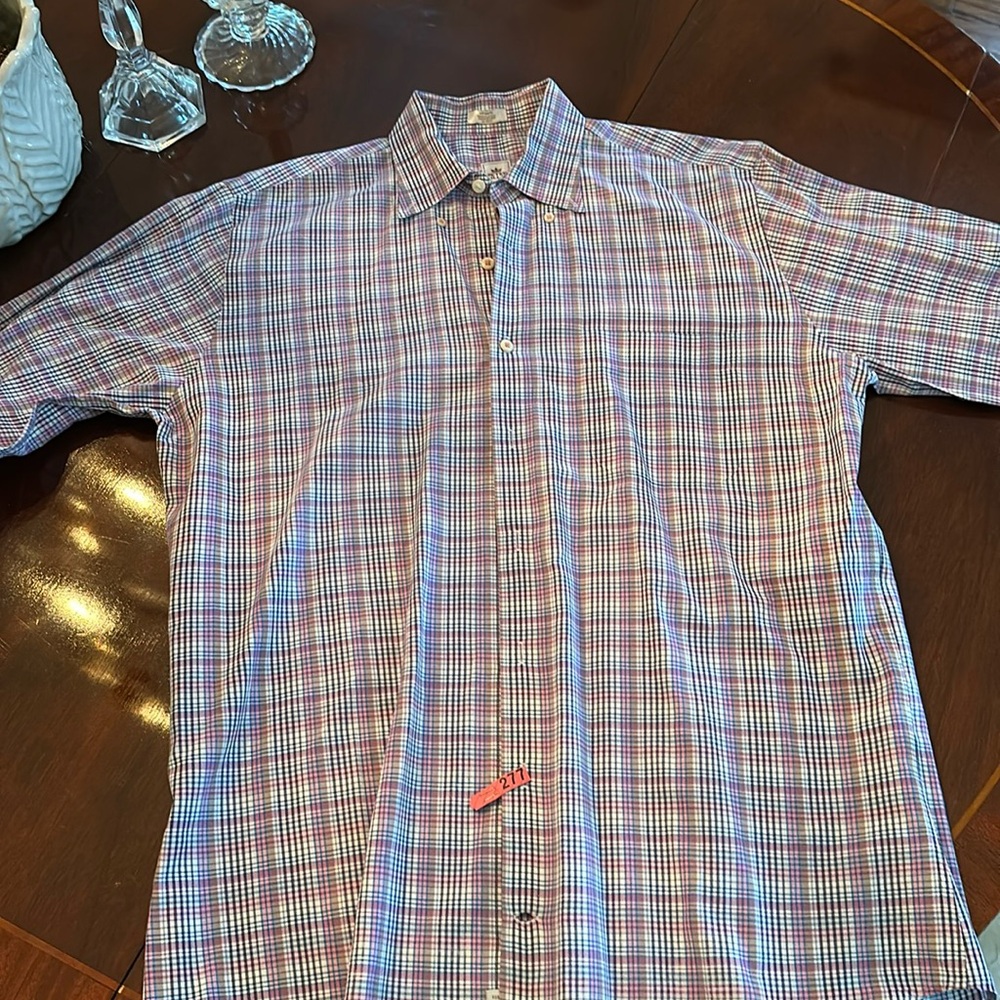Pink, blue, tan small plaid Peter Millar button down